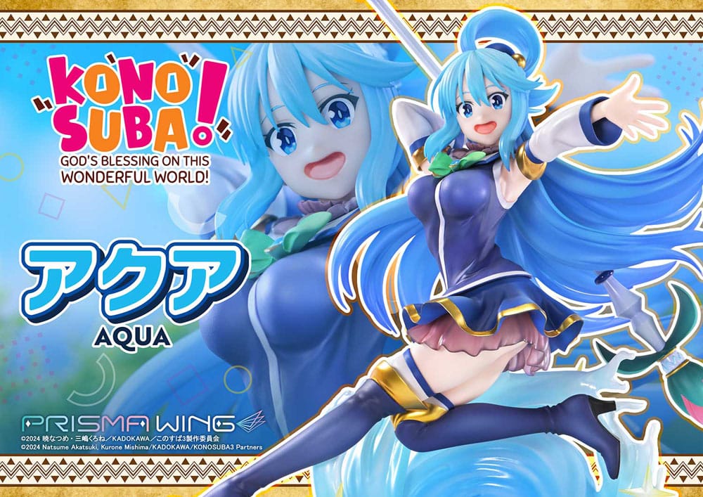 KonoSuba Aqua Prisma Wing banner showing the statue mid-leap with her staff