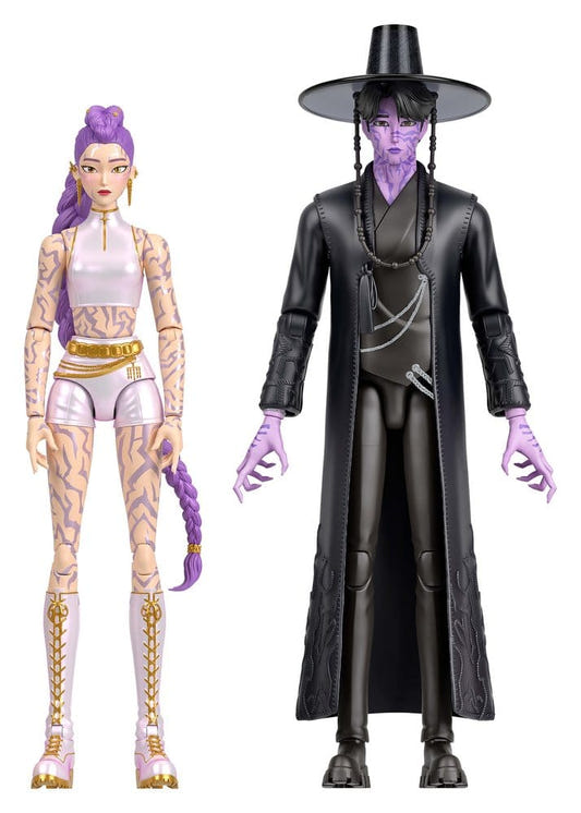 Mattel KPop Demon Hunters Rumi and Jinu action figures standing side by side, front view