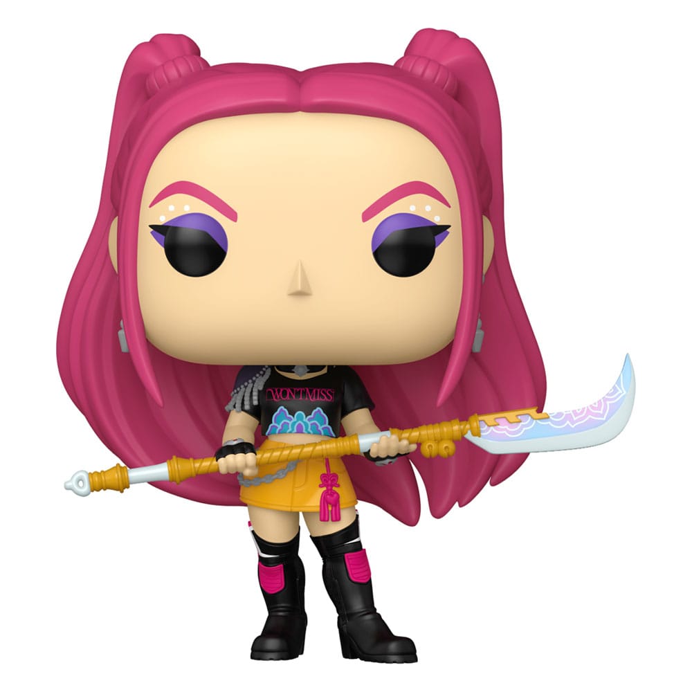 Funko POP! Mira from KPop Demon Hunters out of the box, pink hair and a curved polearm