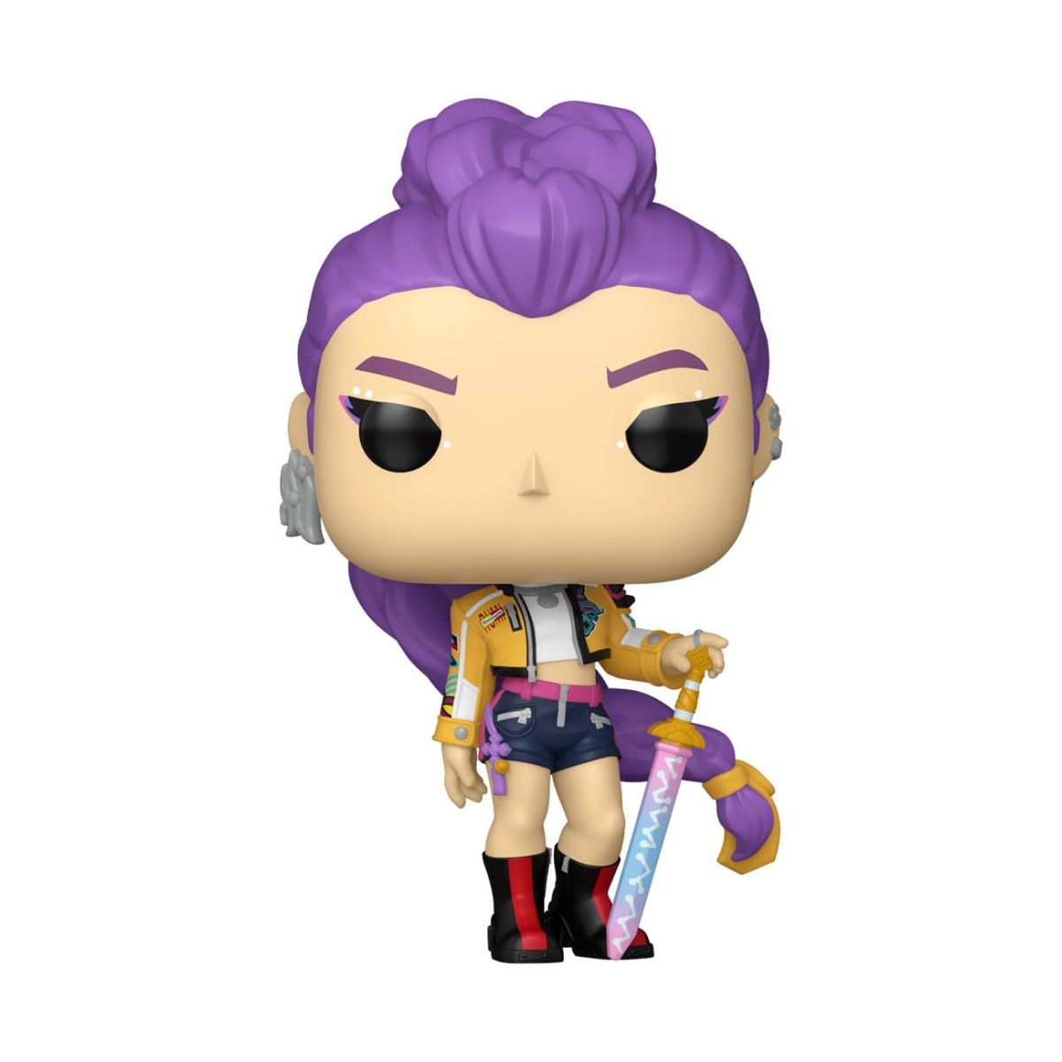 Funko Pop! Rumi from KPop Demon Hunters out of box, with purple hair, yellow jacket and sword