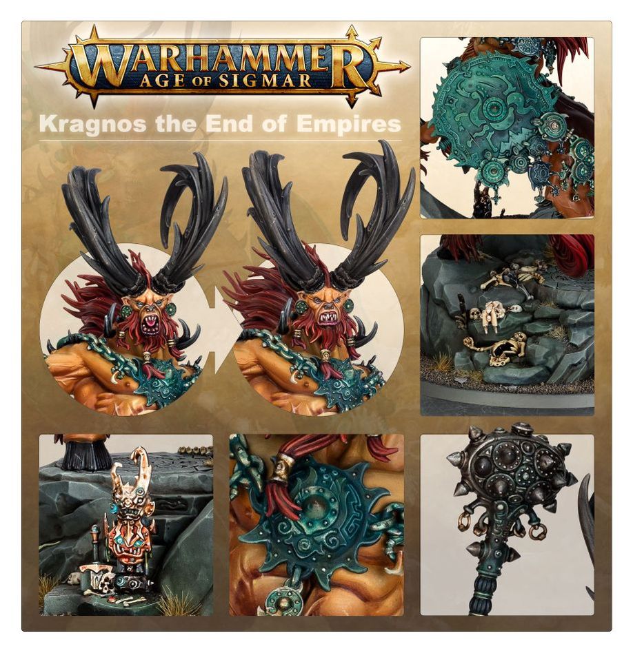 Close-ups of the painted Kragnos miniature: horned head, shield, mace and base details