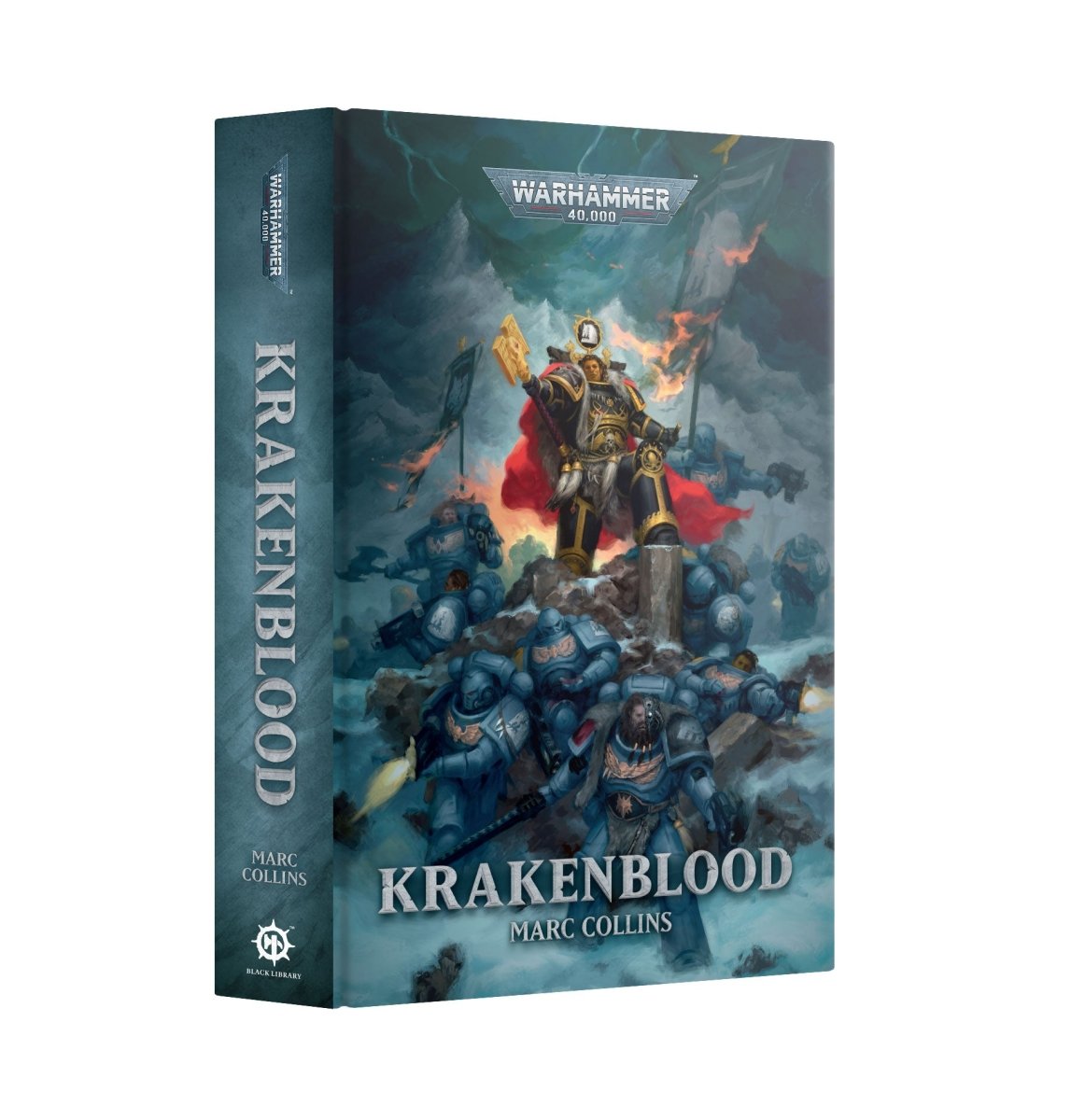 Krakenblood hardback novel by Marc Collins, cover art of a Space Wolves Wolf Priest leading warriors into battle