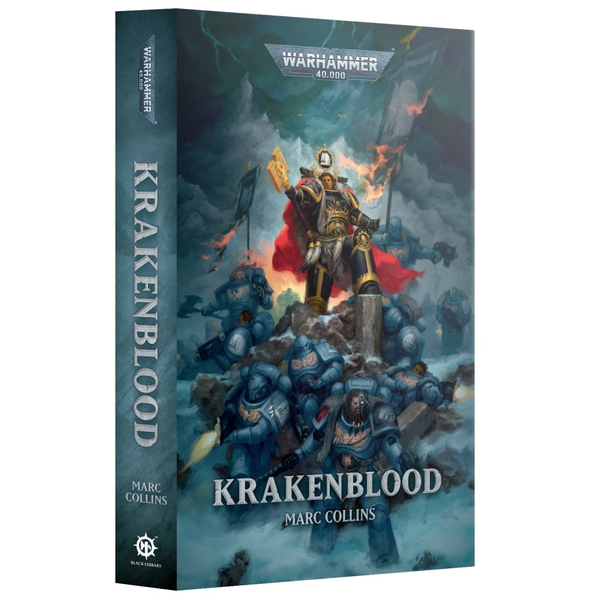 Book titled 'Krakenblood' by Marc Collins with a fantasy cover featuring warriors and a dragon.