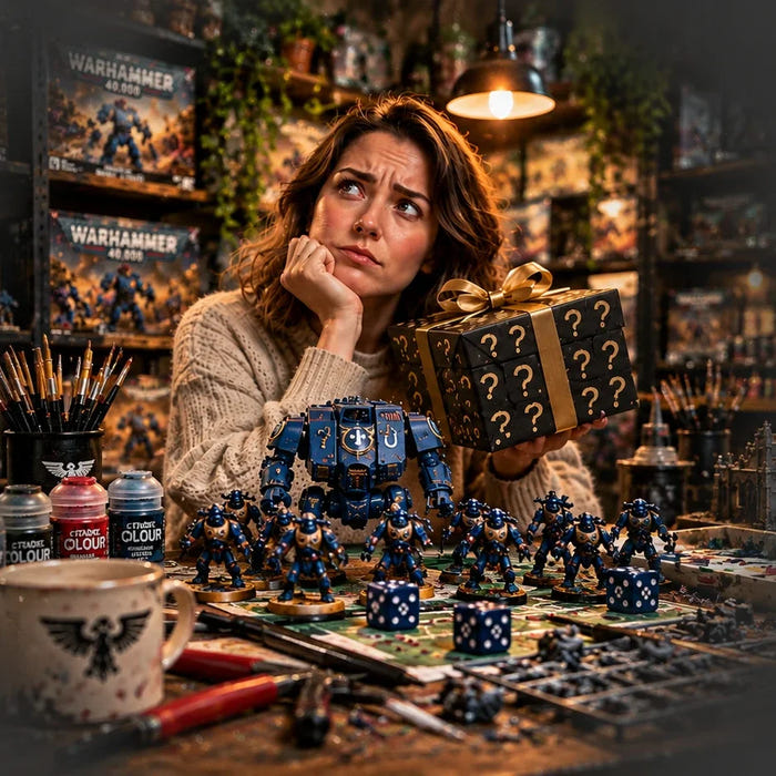 Warhammer gifts: a puzzled gift buyer holding a question-mark wrapped present over Space Marine miniatures and paints
