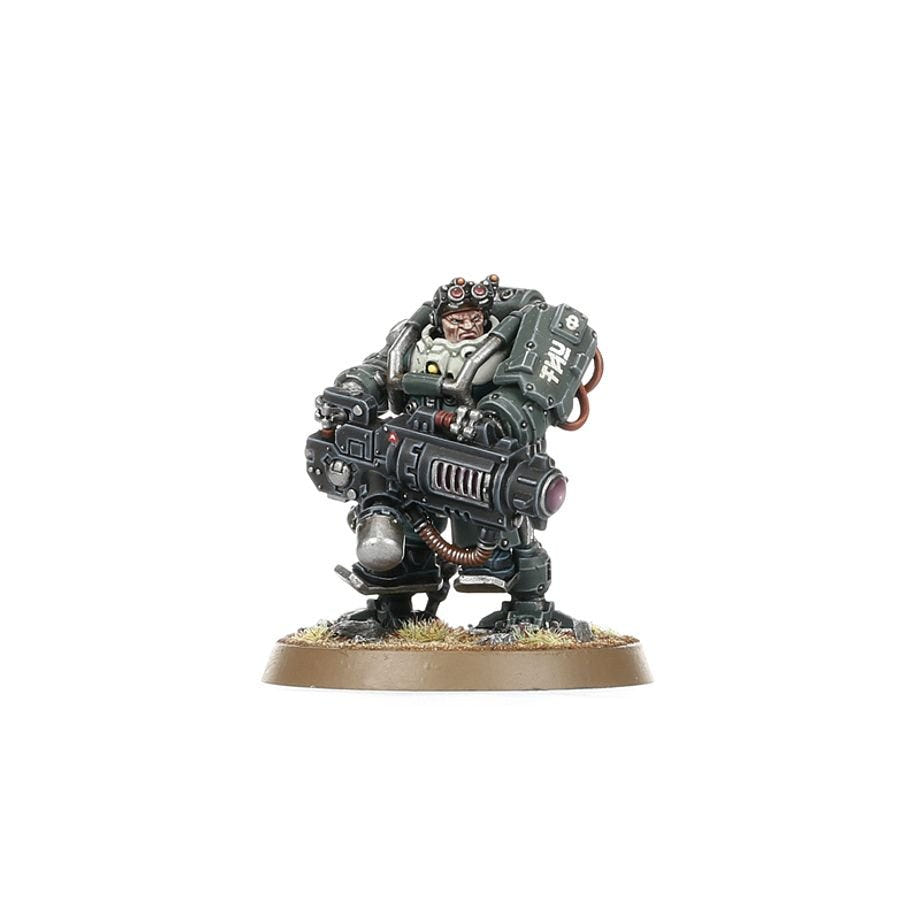 Painted Leagues of Votann Thunderkyn exo-frame with bolt cannon, angled view