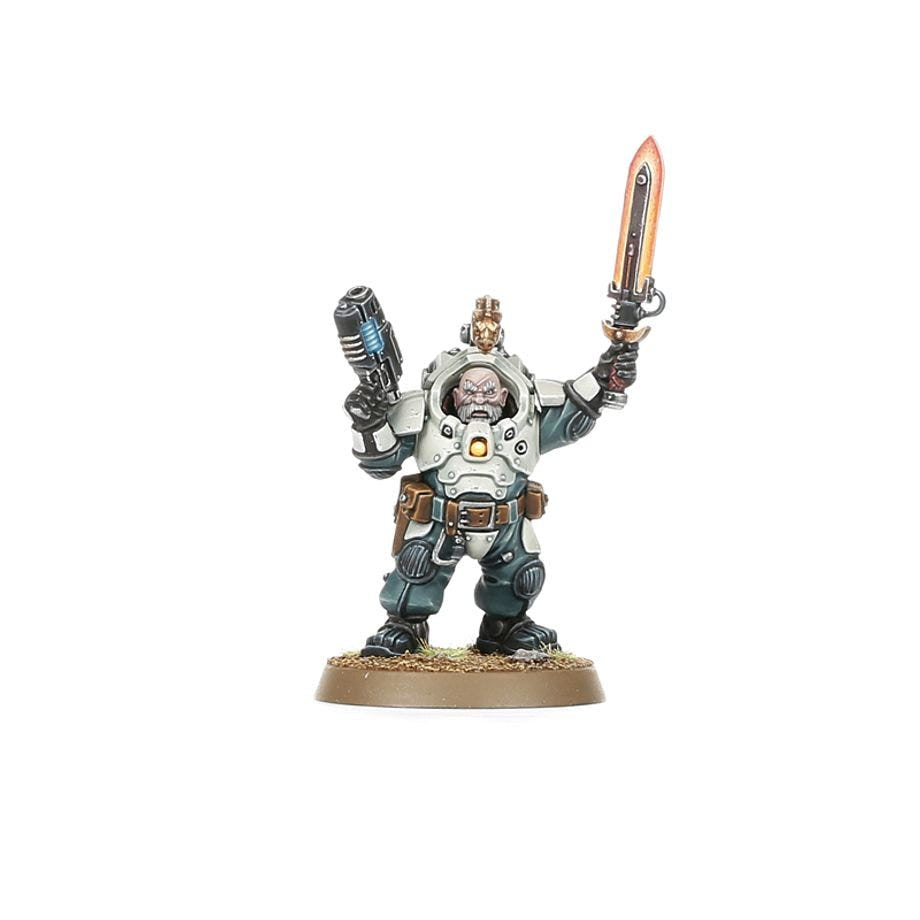 Painted Hearthkyn Theyn raising a plasma blade with an ion pistol, Leagues of Votann