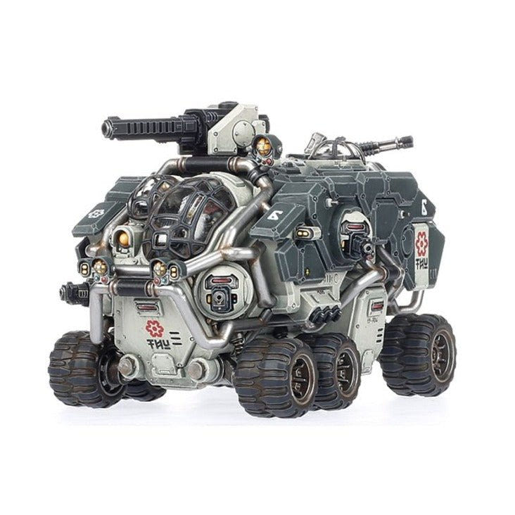Painted Hekaton Land Fortress front view showing the turret cannon and sponson weapons
