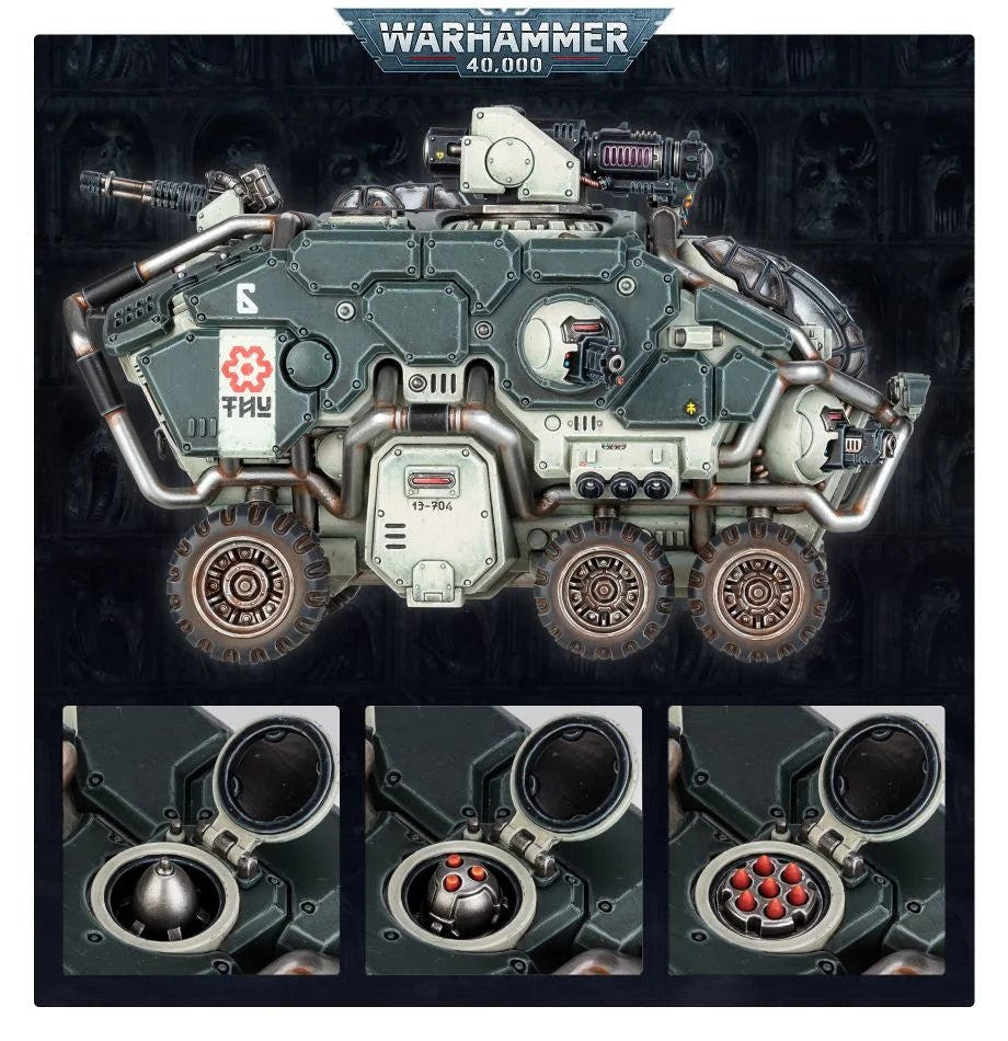Hekaton Land Fortress promo panel with side view and close-ups of the wheel hubs