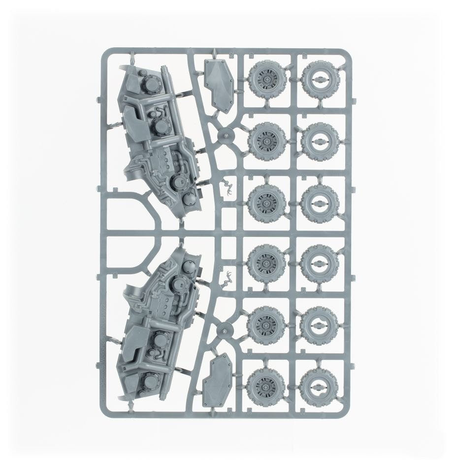 Leagues of Votann Sagitaur unpainted plastic sprue with six wheels, frame 2 of 3