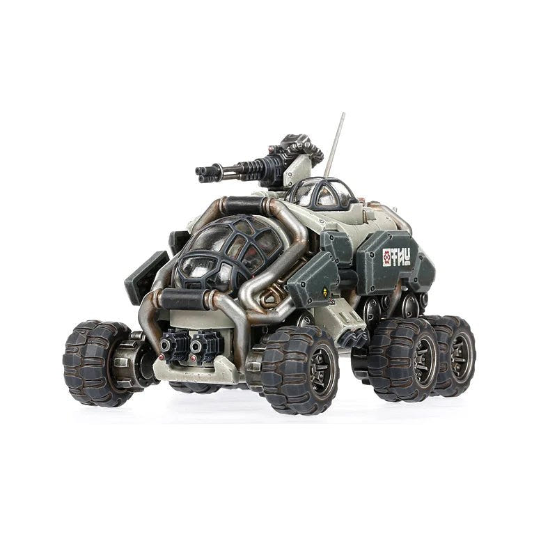 Front view of the painted Sagitaur showing its caged windscreen and twin bolt cannon