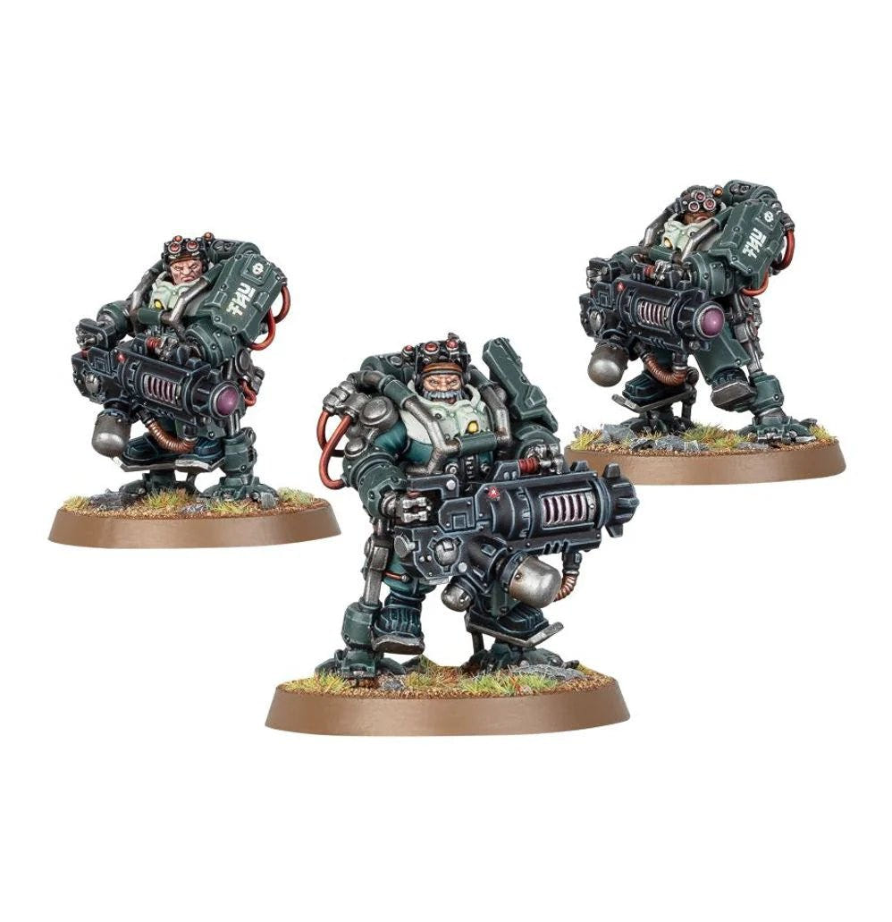 Three painted Leagues of Votann Brôkhyr Thunderkyn with heavy guns, Combat Patrol