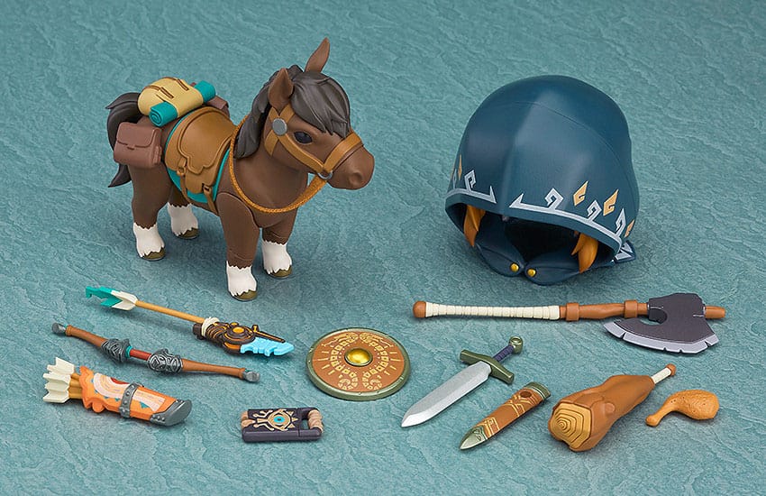 Nendoroid Breath of the Wild Link accessories: horse, hood, bow, arrows, sword, shield, axe and Sheikah Slate