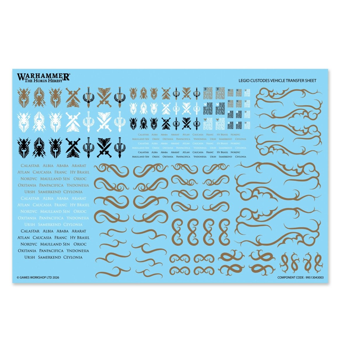 Legio Custodes vehicle transfer sheet with heraldry and scroll designs, Caladius Annihilator