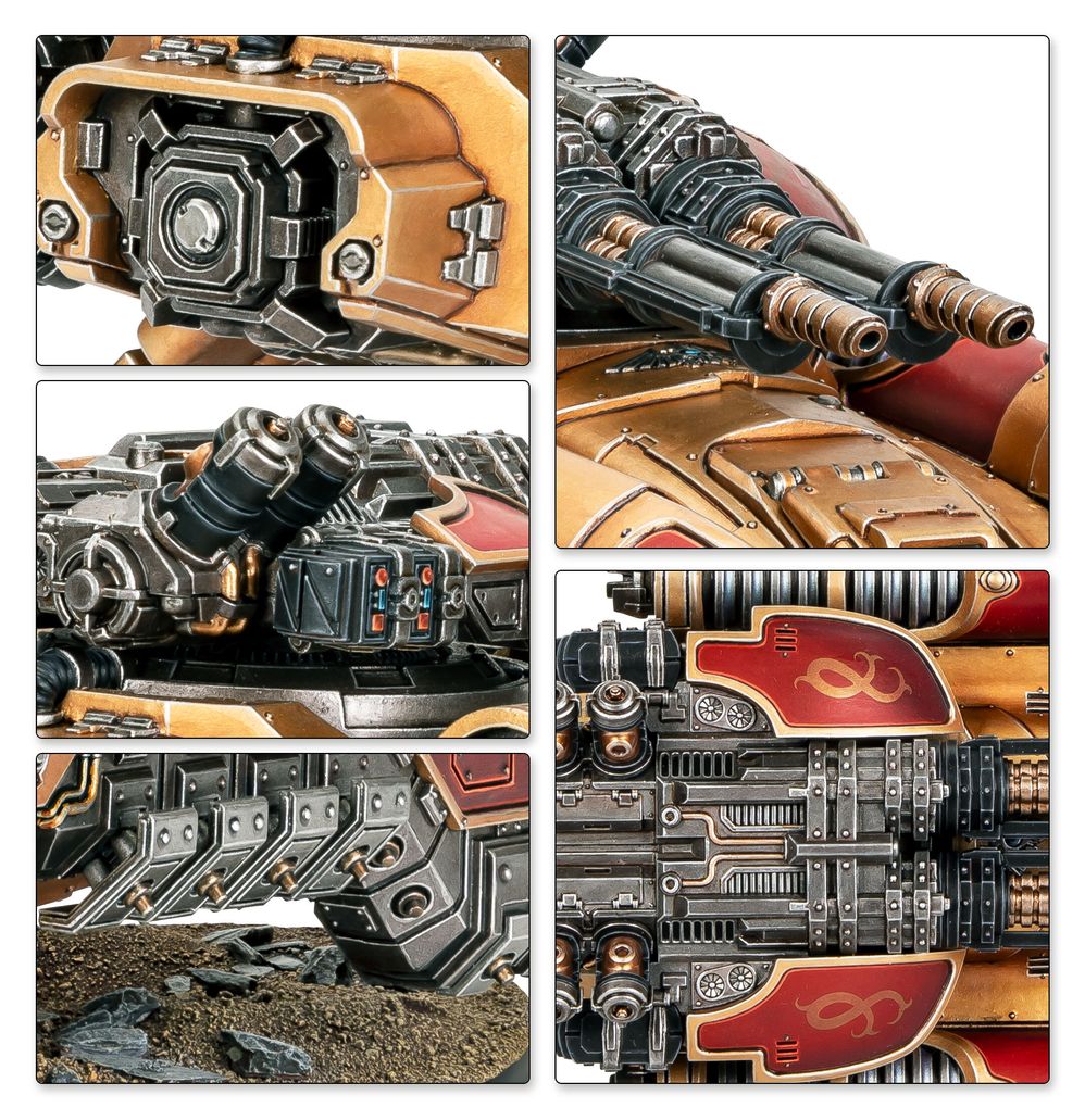 Close-ups of the Caladius Annihilator: twin Arachnus blaze carronade, hull panels and gold trim