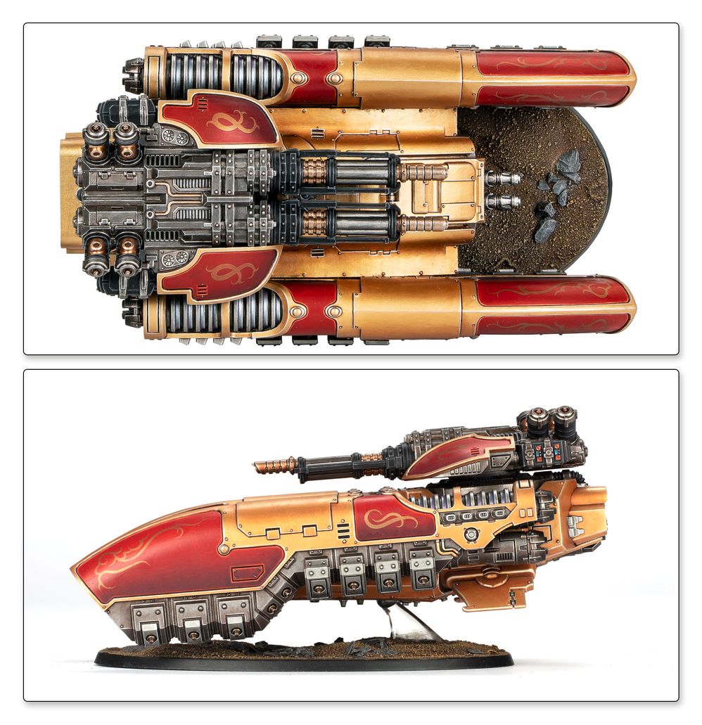 Top-down and side views of the painted Legio Custodes Caladius Grav-Tank Annihilator