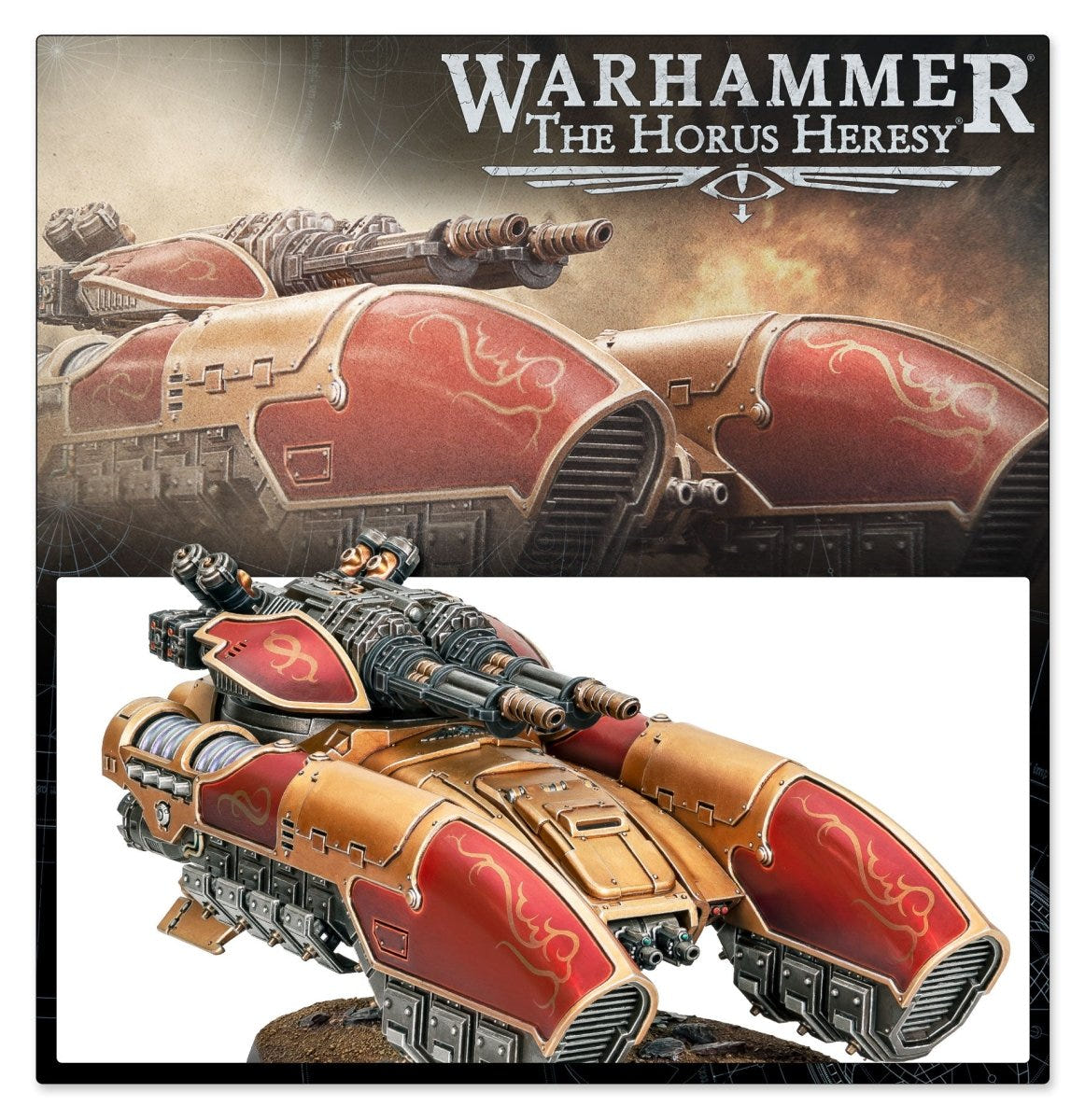 Caladius Annihilator showcase panel under The Horus Heresy logo, gold and red grav-tank