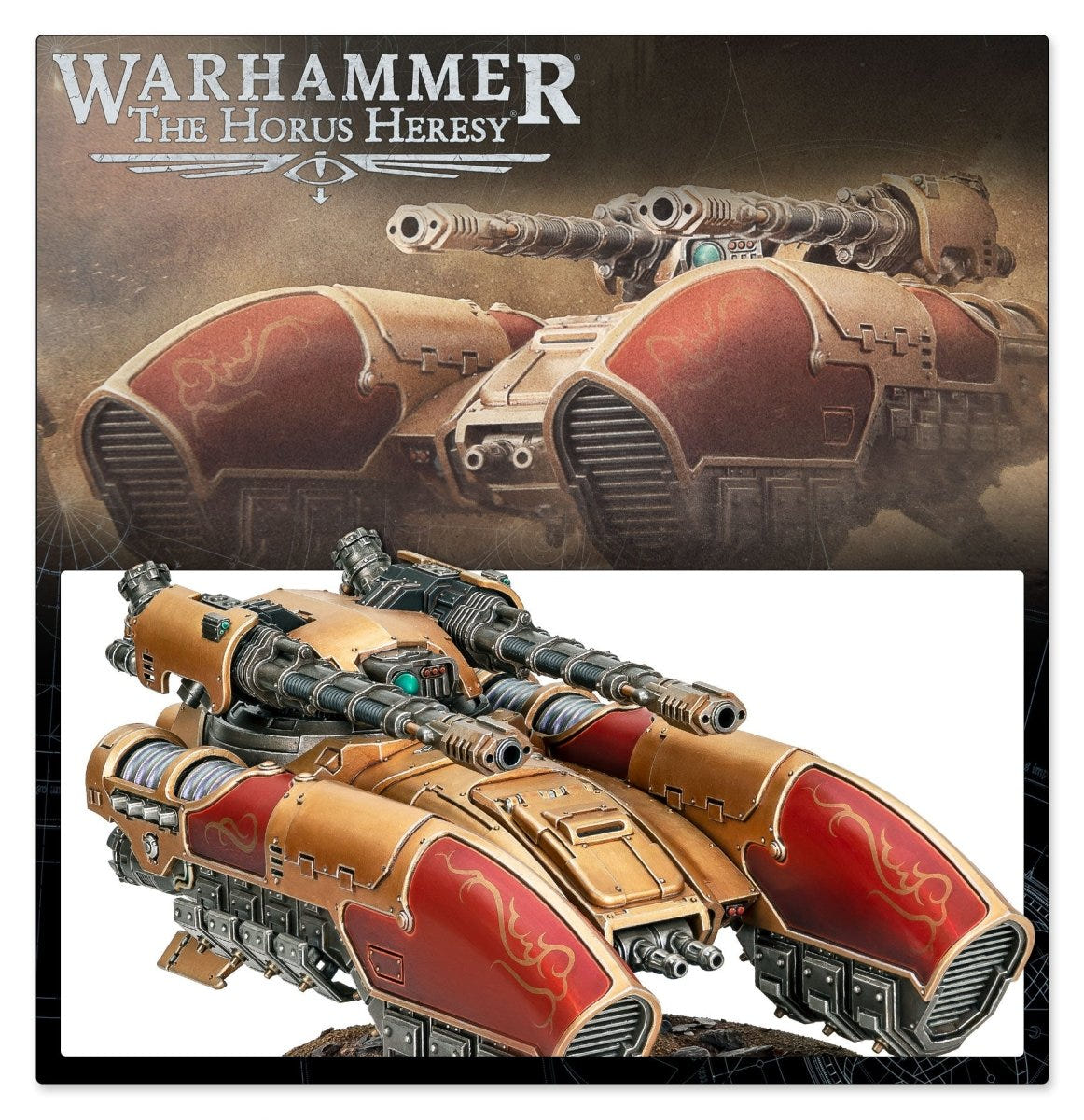 Legio Custodes Caladius Grav-Tank artwork banner with a painted model shown below