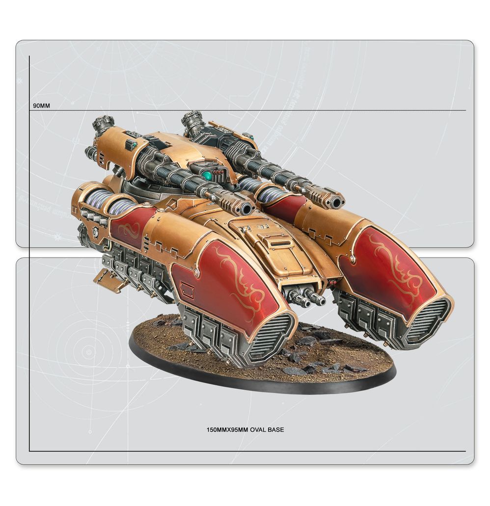 Painted Caladius Grav-Tank angled front view on its oval base, Legio Custodes