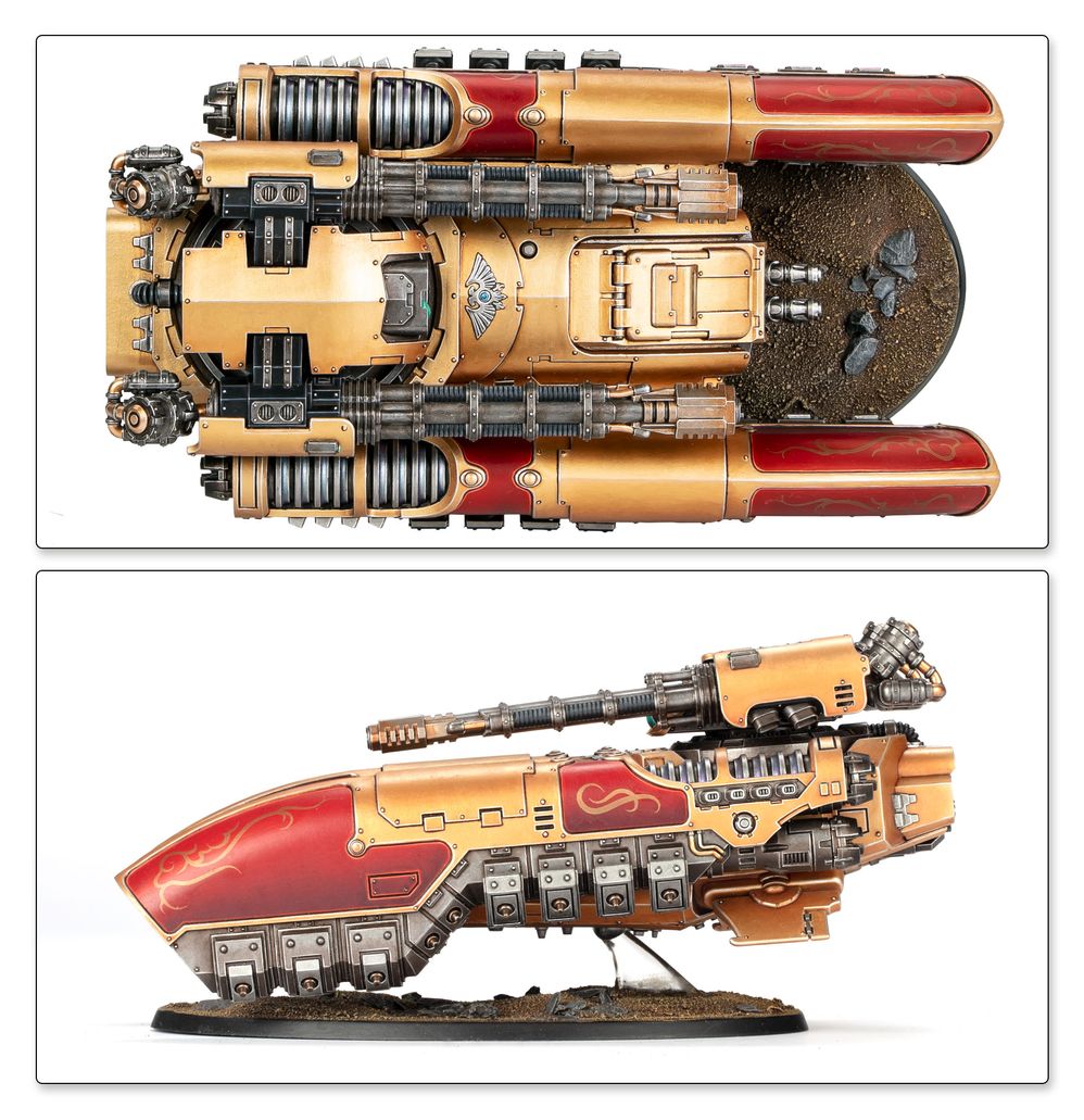 Painted Caladius Grav-Tank shown from above and in side profile on its flying base