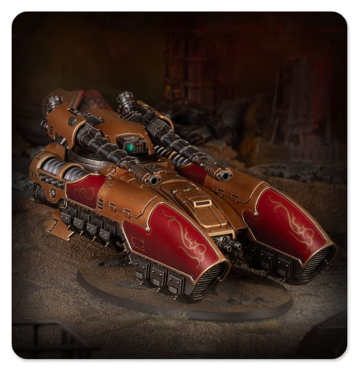 Painted Caladius Grav-Tank hovering over a dark battlefield scene, Horus Heresy