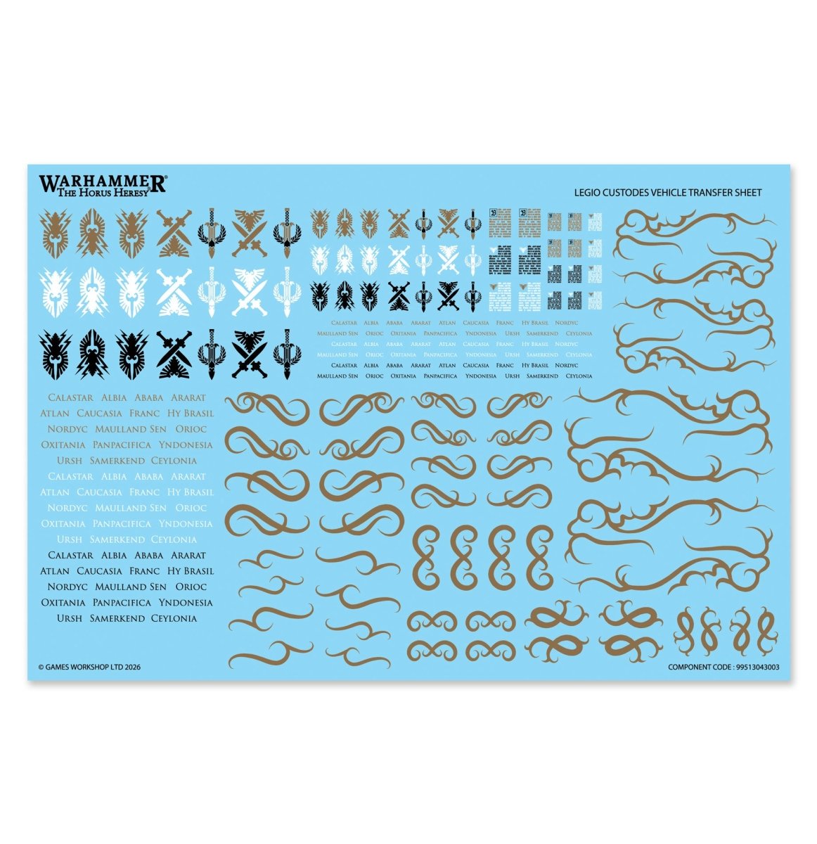 Legio Custodes vehicle transfer sheet with Custodes symbols, names and decorative scrollwork