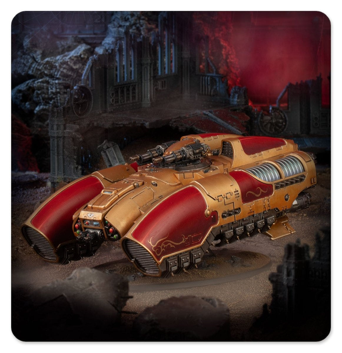 Legio Custodes Coronus Grav-Carrier painted, hovering over a ruined battlefield