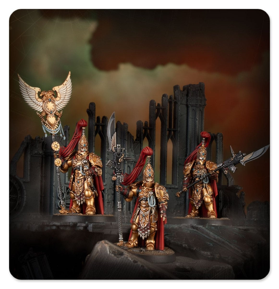 Painted Custodian Guard Sodality posed among dark gothic ruins