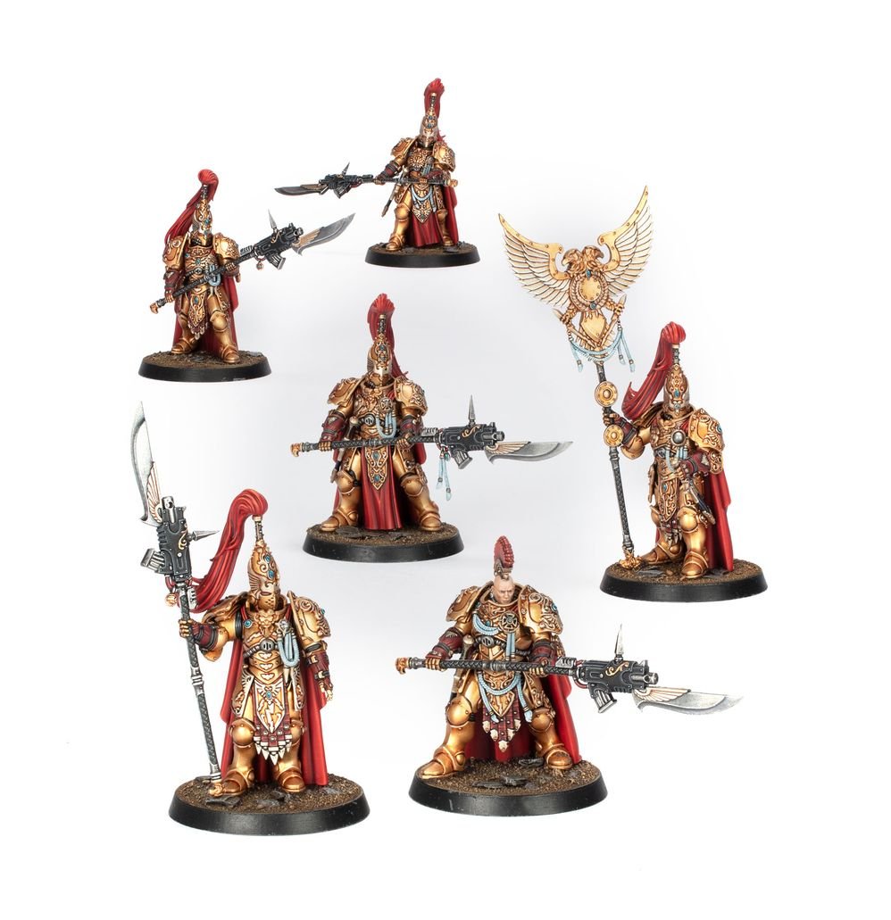Six painted Legio Custodes Custodian Guard in gold armour with guardian spears and eagle standard