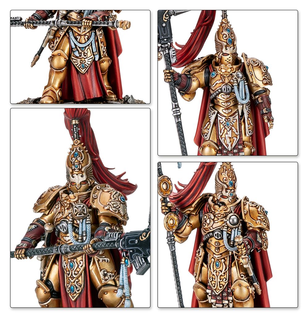 Close-up panels of painted Custodian Guard in gold armour with red plumes and spears