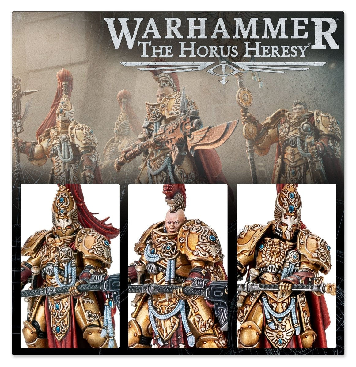 Warhammer The Horus Heresy Custodian Guard Sodality banner with three painted Custodians