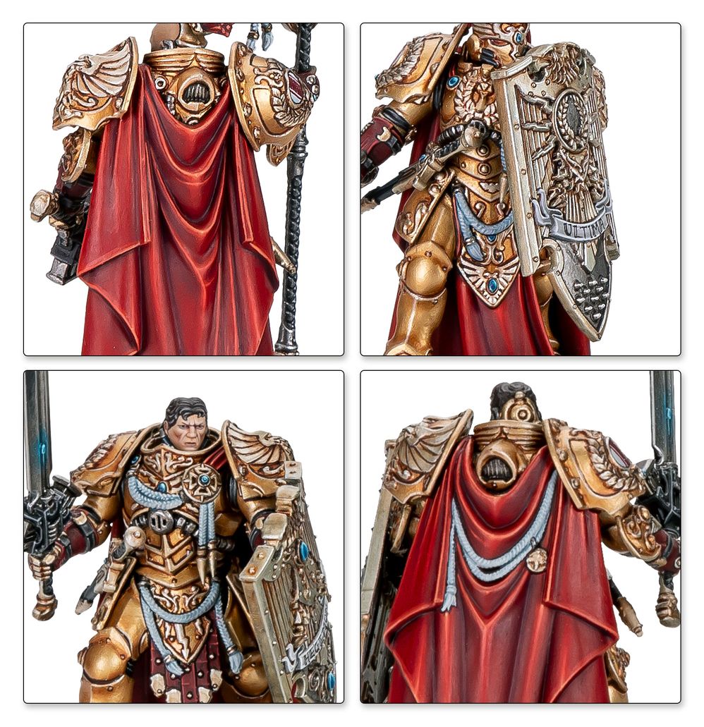 Close-ups of Sentinel Guard red cloaks, bare heads and ornate gold armour