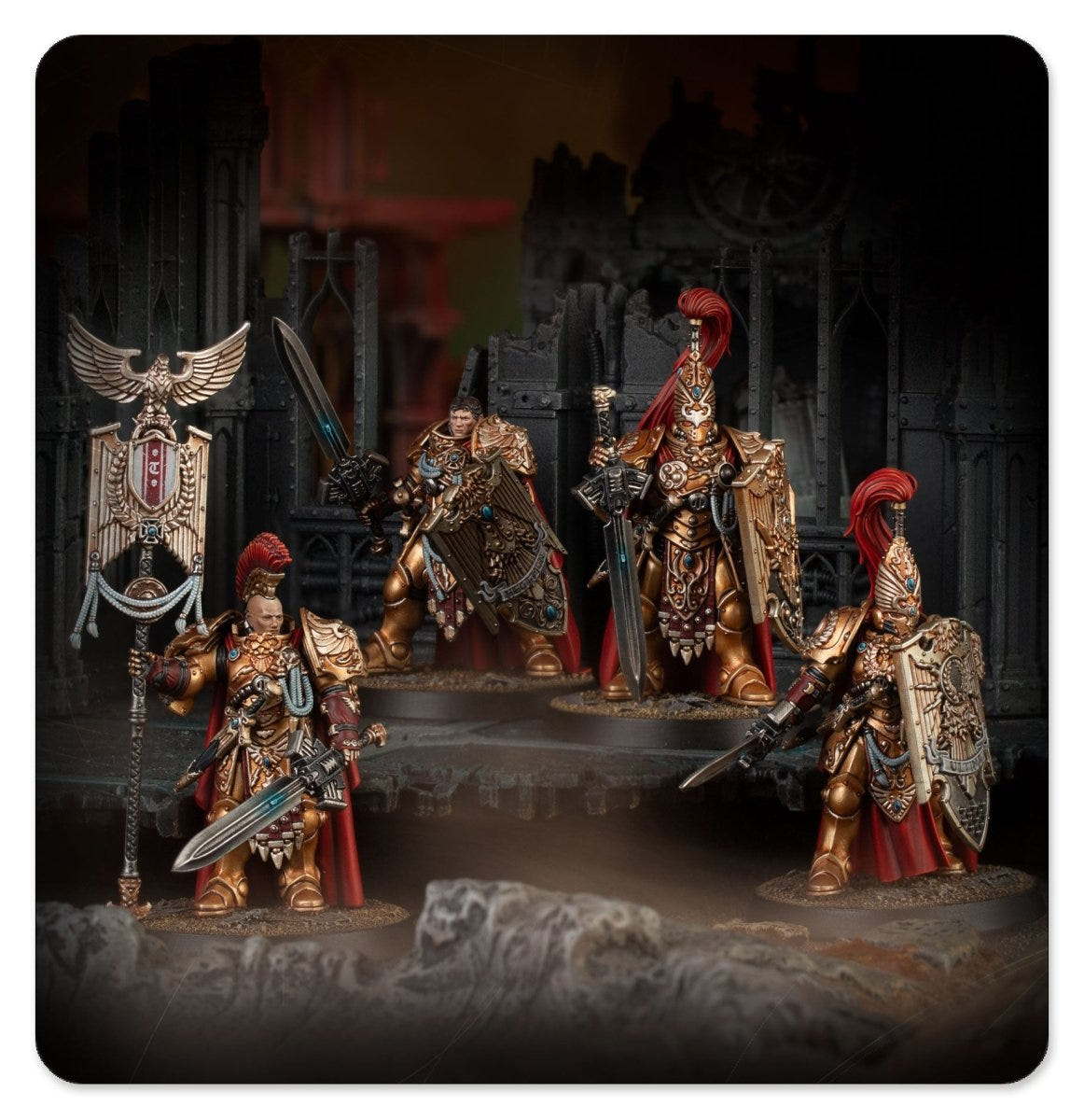Painted Legio Custodes Sentinel Guard squad on a dark ruined battlefield