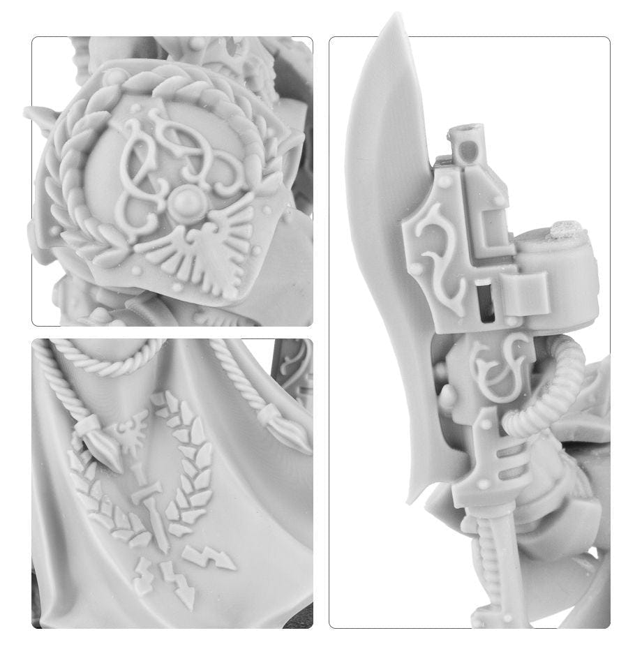 Close-ups of an unpainted Custodian model showing armour detail and axe blade