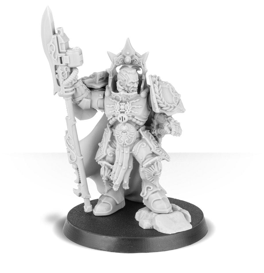 Unpainted grey Custodian warrior model with axe on a round base