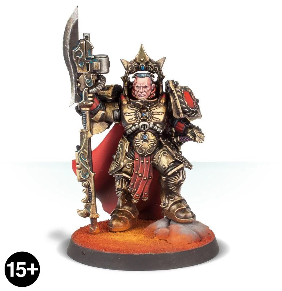 Painted Custodian warrior in gold armour with an axe, bare head and red cloak