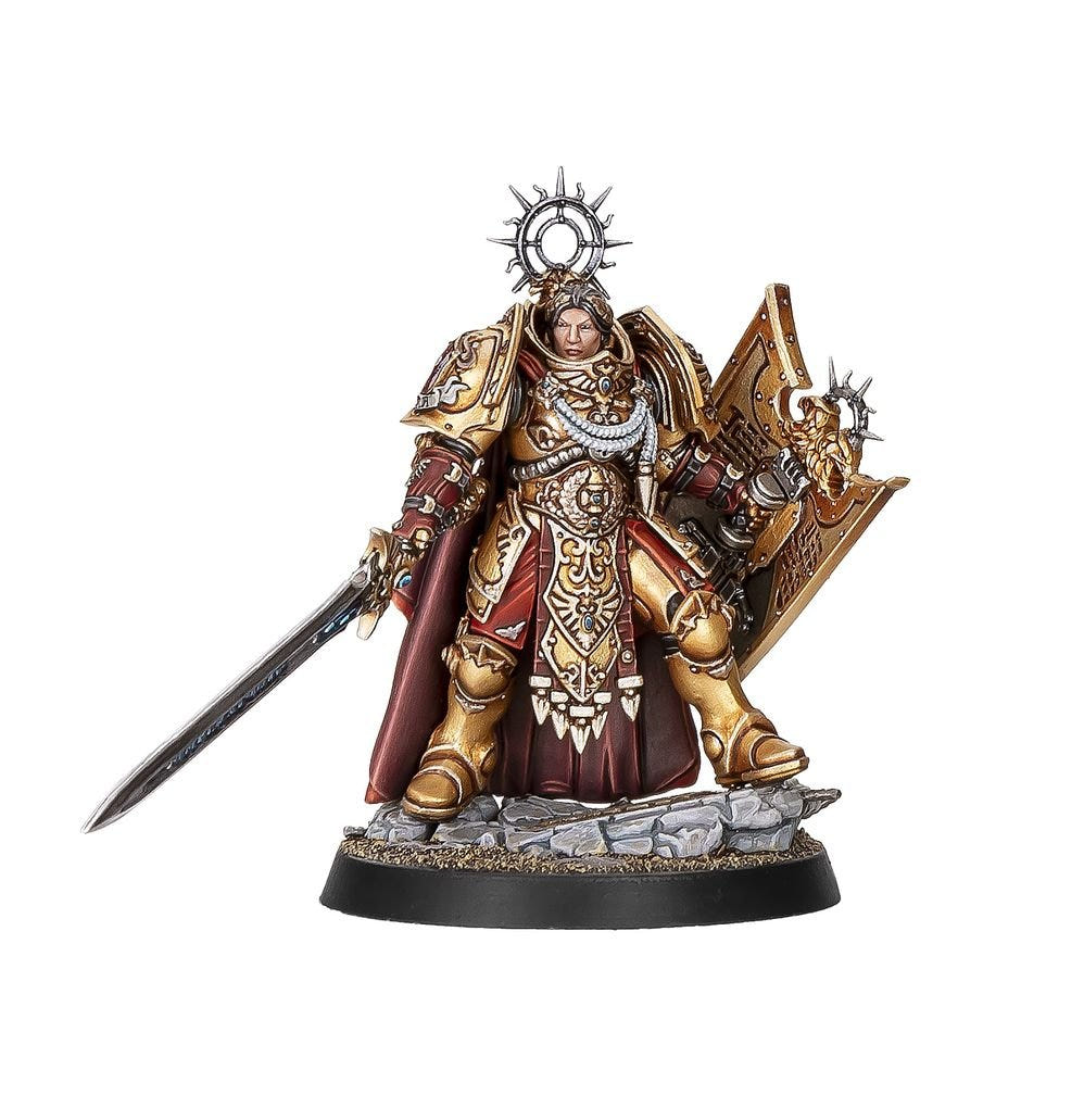 Painted Horus Heresy Custodes Shield Captain, angled view showing the sword and shield