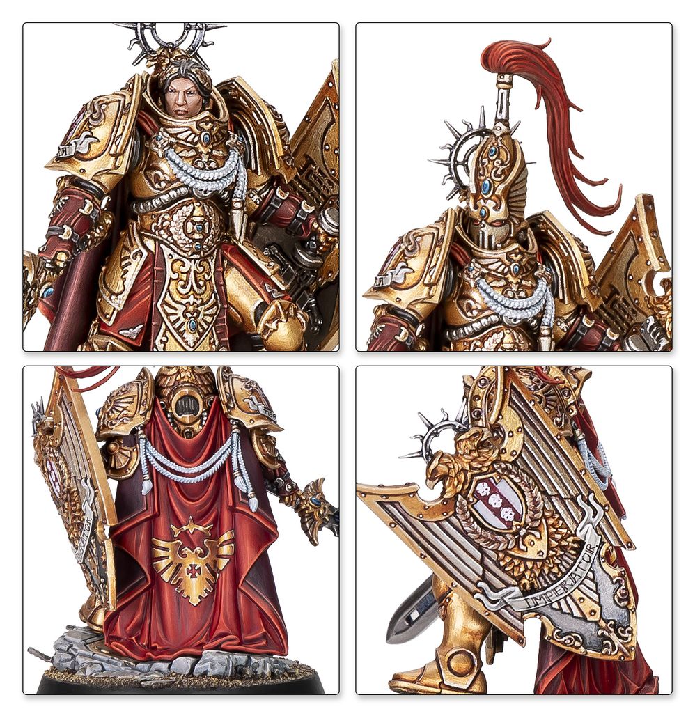 Close-ups of the painted Custodes Shield Captain: faces, cloak and ornate shield