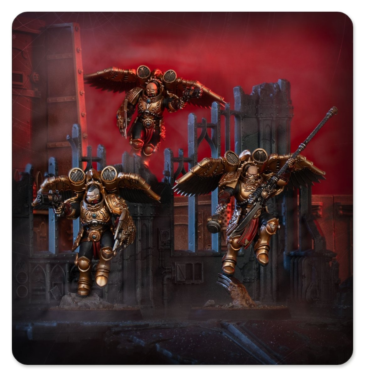 Painted Venatari Sodality miniatures diving over ruined gothic scenery against a red background