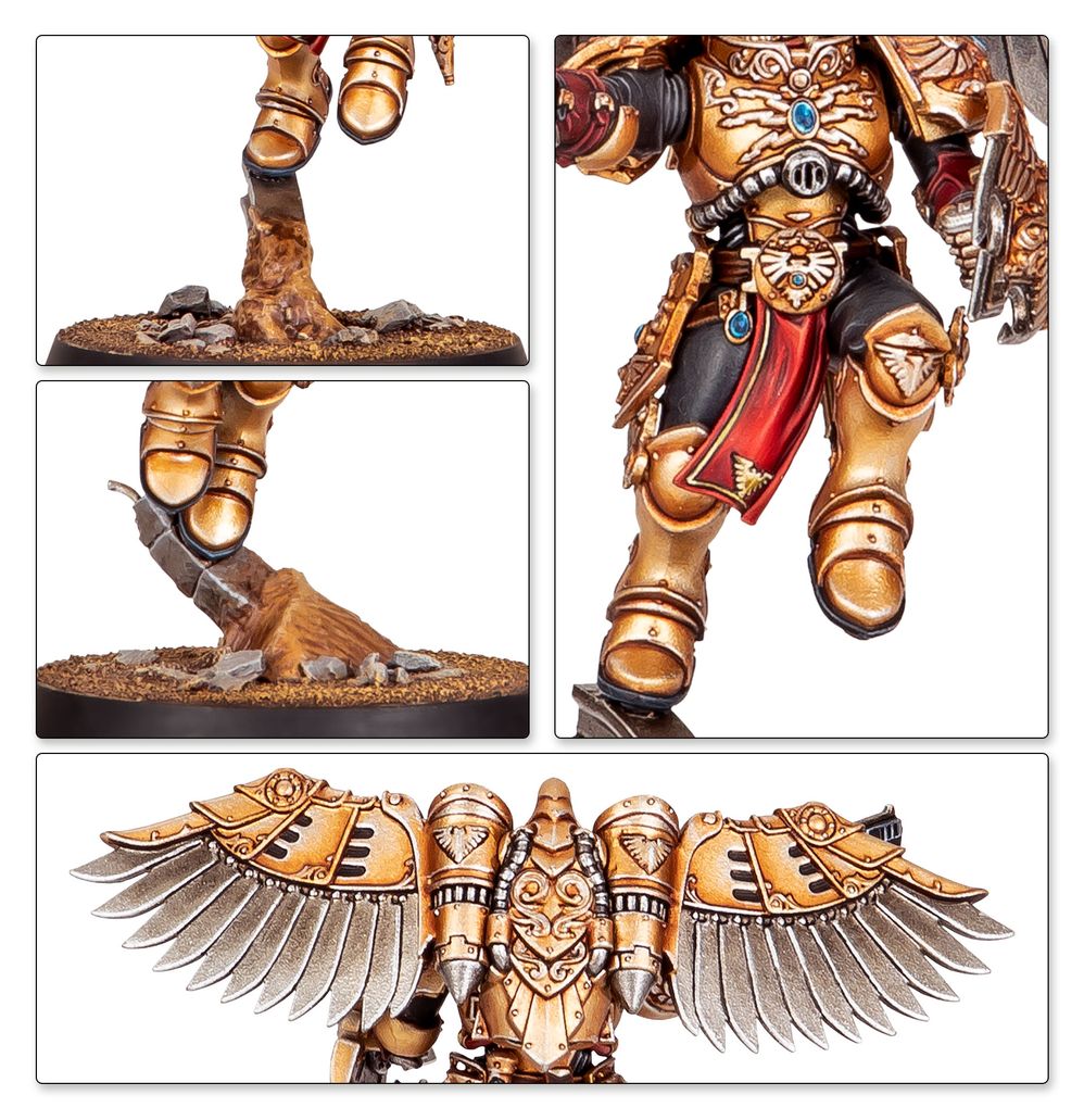 Close-ups of a painted Venatari's legs and base, torso detail and outspread wing-shaped jump harness