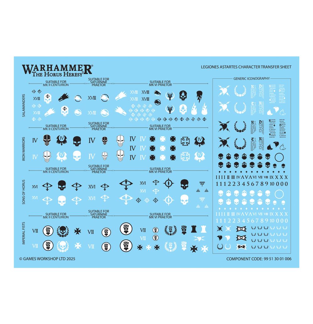 Horus Heresy Legiones Astartes character transfer sheet with legion symbols and numerals