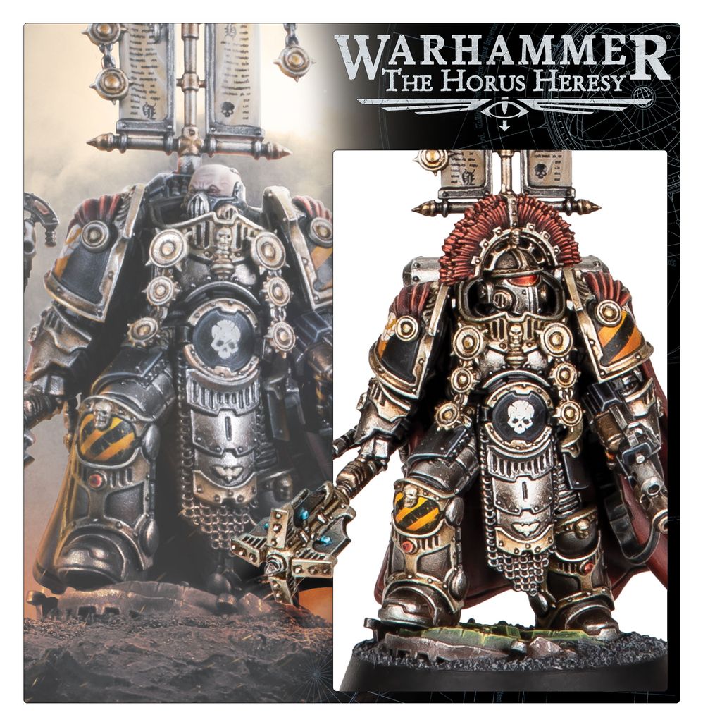 Painted Horus Heresy Centurion with power maul and red cloak, front view close-up