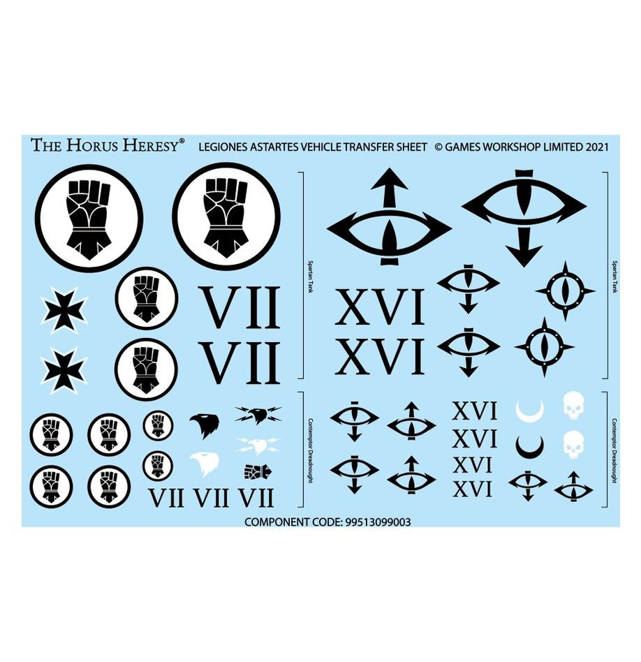 Horus Heresy Legiones Astartes vehicle transfer sheet with Legion icons and numerals