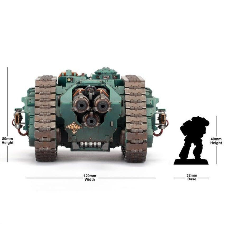 Cerberus Heavy Tank Destroyer size guide: 80mm high, 120mm wide, beside a Space Marine silhouette