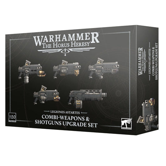 Warhammer 40k Horus Heresy Combi-Weapons & Shotgun Upgrade Set box, featuring five illustrated weapon models on a dark black background with white and silver text.