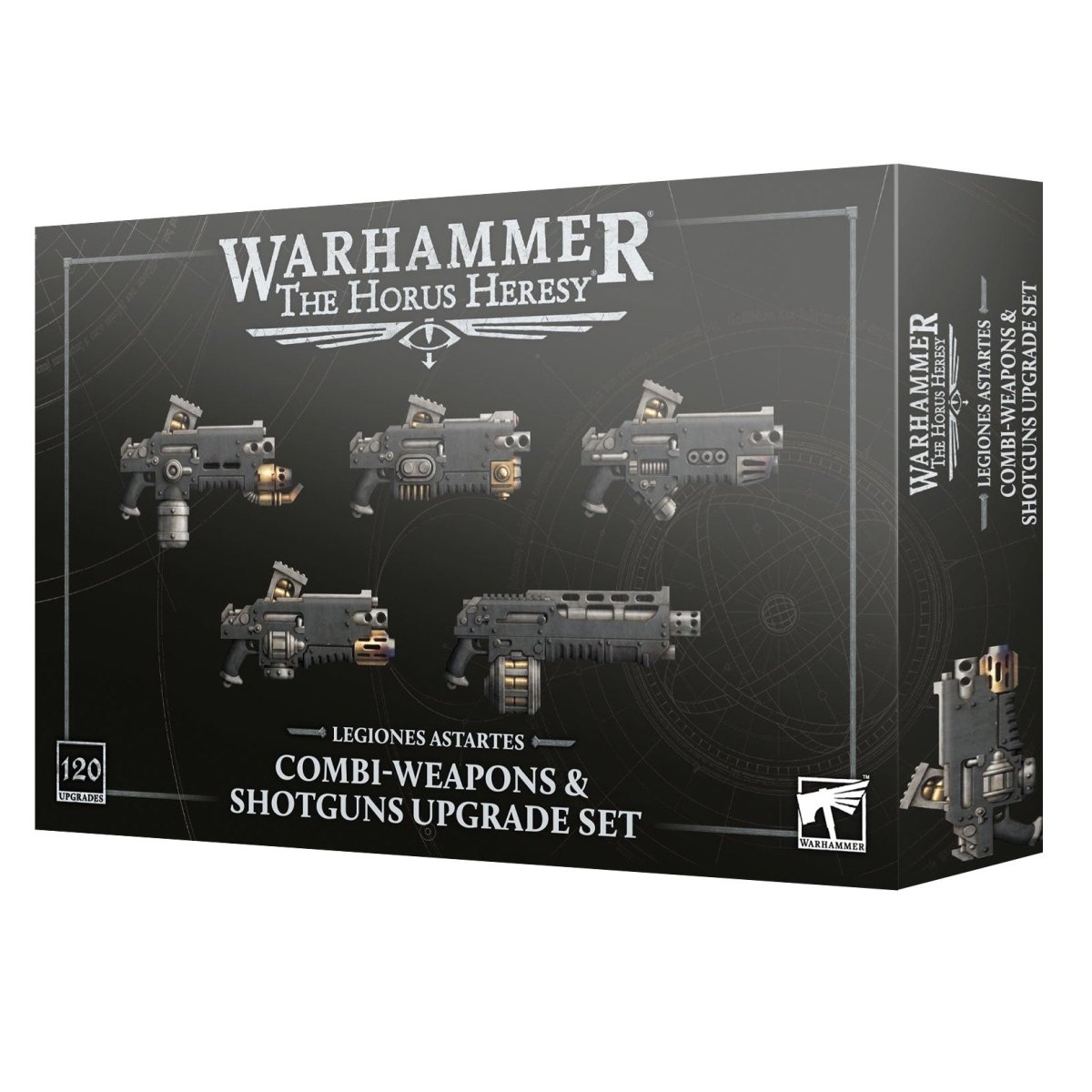 Warhammer 40k Horus Heresy Combi-Weapons & Shotgun Upgrade Set box, featuring five illustrated weapon models on a dark black background with white and silver text.