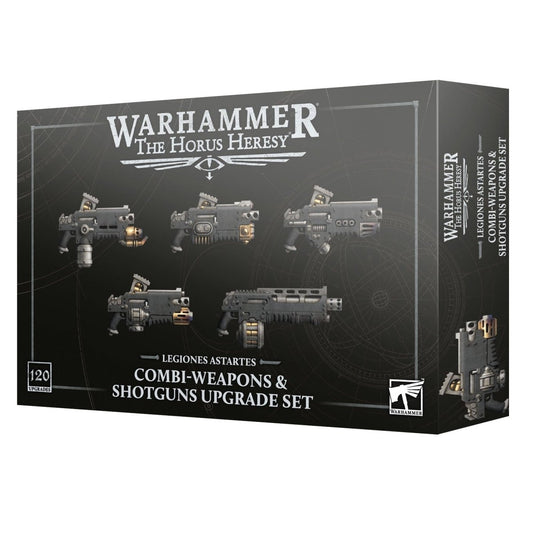 Warhammer 40k Horus Heresy Combi-Weapons & Shotgun Upgrade Set box, featuring five illustrated weapon models on a dark black background with white and silver text.