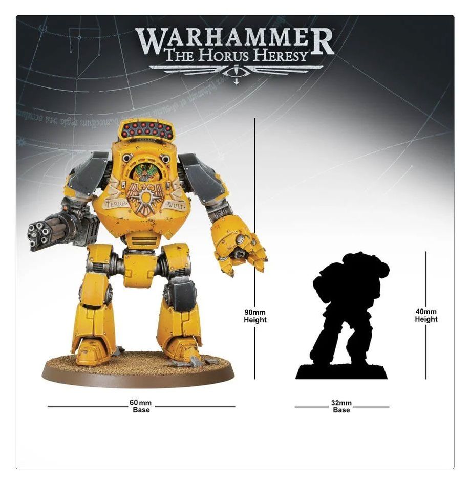 Contemptor Dreadnought size guide: 90mm tall on a 60mm base beside a 40mm Space Marine silhouette