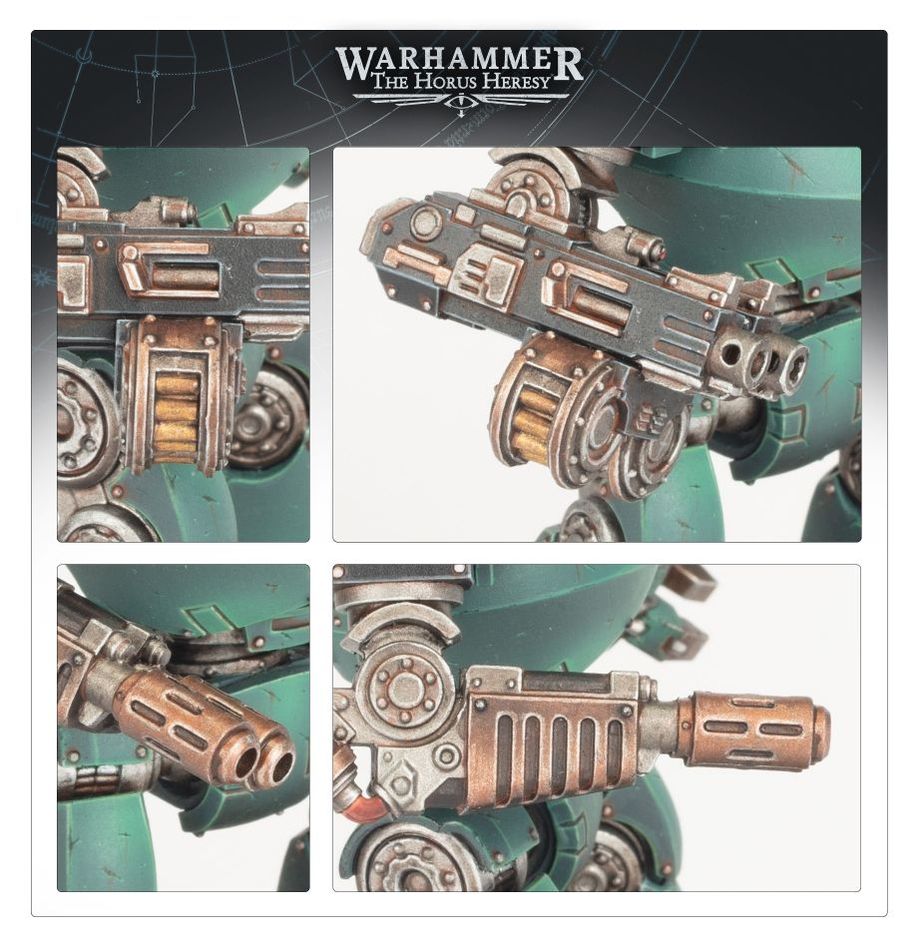 Promo panel close-ups of Contemptor Dreadnought gravis weapon arms in bronze and gunmetal