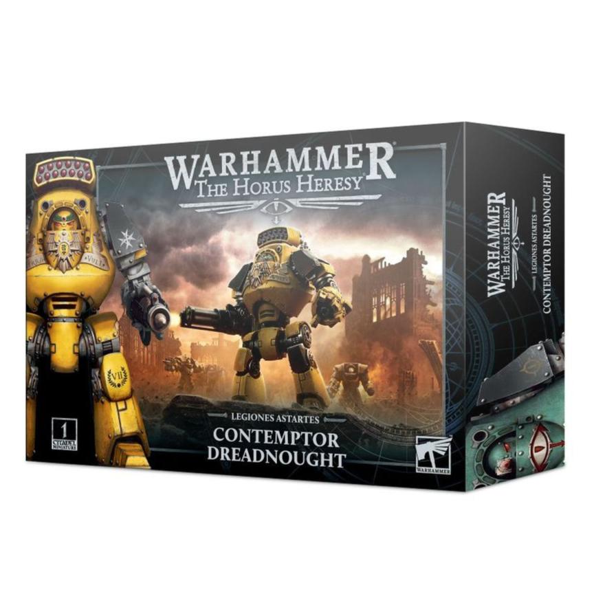 Games Workshop Horus Heresy Legiones Astartes Contemptor Dreadnought box front with a yellow Dreadnought