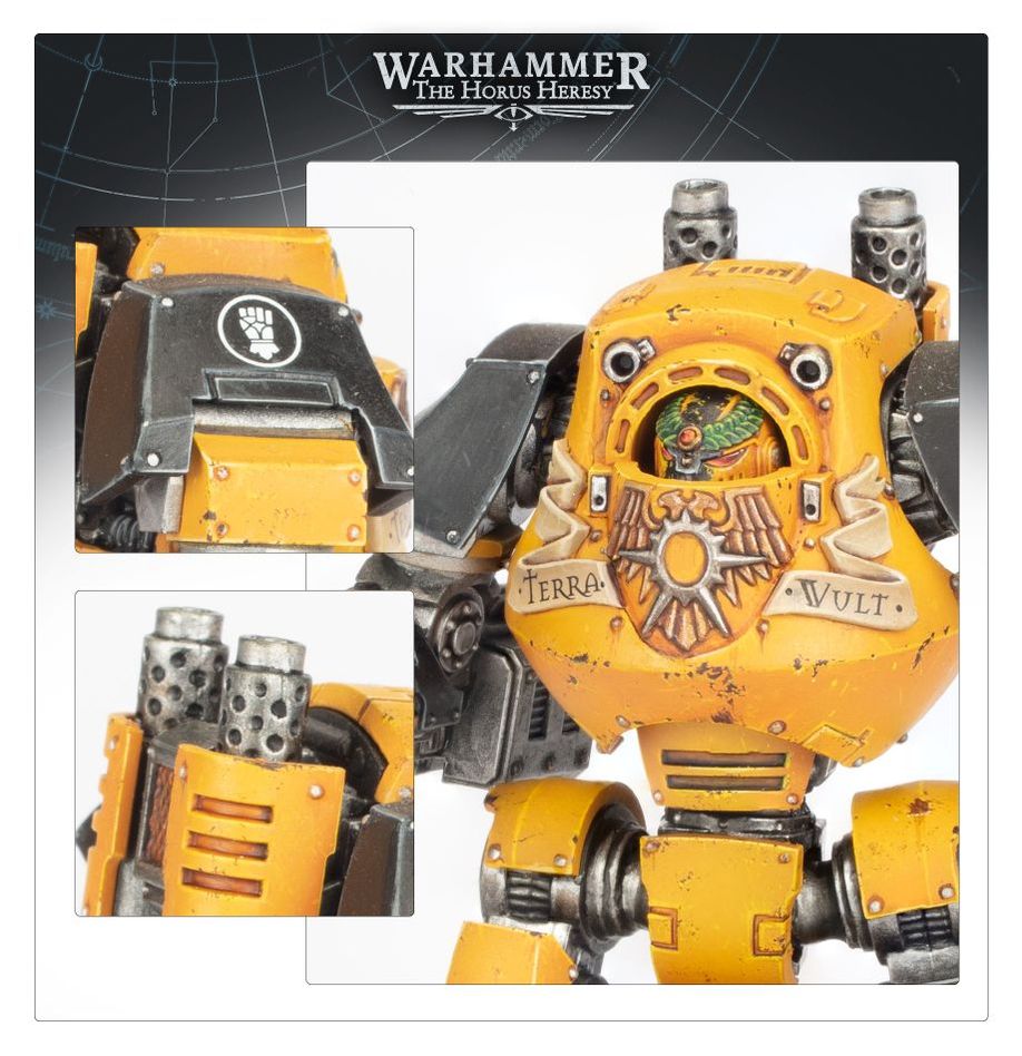 Horus Heresy promo panel with close-ups of the yellow Contemptor's sarcophagus and smoke launchers